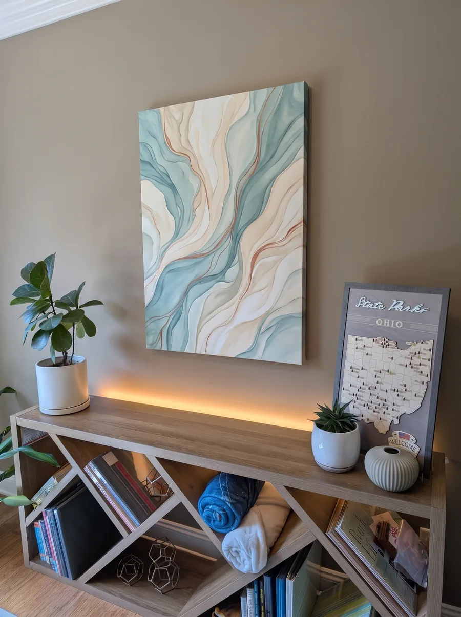 A warm hallway with a tall abstract canvas in soft teal above a glowing wooden bookshelf